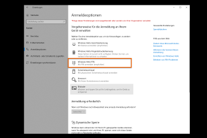 Screenshot, der die Anmeldeoptionen in den Windows-Einstellungen zeigt. Hervorhoben ist die Auswahl der Windows Hello-PIN-Anmeldung als sichere und bequeme Methode, um sich am Gerät anzumelden.