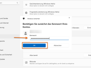 Ein Popup-Fenster fordert Sie auf, Ihr Passwort einzugeben, um sich anzumelden. Ein Button mit der Beschriftung "Anmelden" bestätigt die Eingabe.