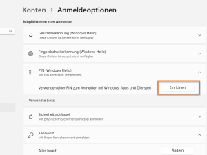 Screnshot der Windwos-Einstellungen: Auf dem Reiter "Anmeldeoptionen" wird die Auswahl der Windows Hello-PIN-Anmeldung gezeigt.