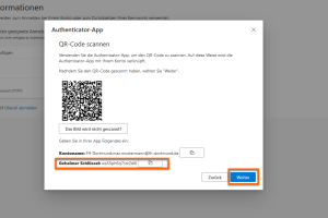 Wechseln Sie nun wieder zu Ihrem Webrowser. Kopieren Sie den Geheimer Schlüssel in das Feld Schlüssel in der Yubico Authenticator App ein. Klicken Sie auf Weiter.