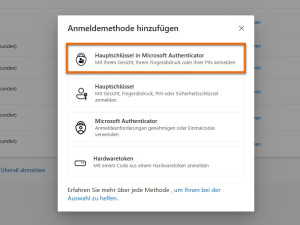 Modalfenster mit verschiedenen Optionen zur Erhöhung der Konto-Sicherheit.Neben dem Hauptschlüssel in der Microsoft Authenticator-App, die für diesen Case ausgewählt werden soll, stehen ein Sicherheitsschlüssel und eine Authenticator-App zur Verfügung.