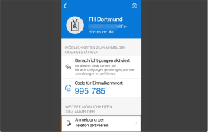 Screenshot der Microsoft Authenticator App. Das persönliche Geschäftskonto ist ausgewählt. Unter "Weitere Möglichkeiten zum Anmelden" ist die Funktion "Anmeldung per Telefon aktivieren" markiert und soll für die Aktivierung der passwortlosen Anmeldung ausgewählt werden.