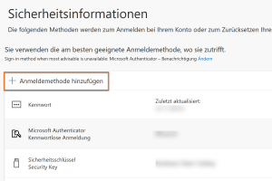 Screenshot der Sicherheitsinformationen in einem Microsoft-Konto. Neben dem Kennwort können über die Option "Anmeldemethode hinzufügen" weitere Sicherheitsmaßnahmen wie eine Authenticator-App oder ein Passkey eingerichtet werden.