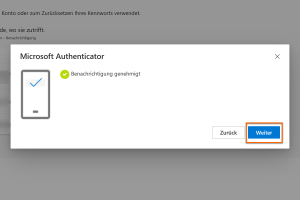 Erfolgsmeldung. Der MS Authenticator ist erfolgreich eingerichtet. Die Einrichtung wird mit Klick auf Weiter erfolgreich abgeschlossen.