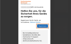 Screenshot vom Smartphone-Display. Die Microsoft Authenticator App fordert den Benutzer auf, sein Gerät zu registrieren, um passwortlose Anmeldungen zu aktivieren. Der Bildschirmtext lautet:
