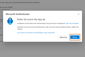 Ein Pop-up-Fenster fordert zur Installation der Microsoft Authenticator-App auf. Es besteht auch die Möglichkeit, eine alternative Authentifikator-App zu wählen. Um fortzufahren, muss die App auf dem Smartphone eingerichtet und der blaue "Weiter"-Button gedrückt werden.