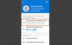 Microsoft Authenticator App zeigt ein hinzugefügtes Geschäftskonto an. Die Einrichtung der kennwortlosen Anmeldung wurde erfolgreich abgeschlossen