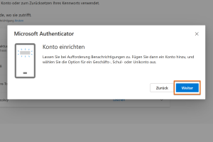 So richten Sie den MS Authenticator auf Ihrem Smartphone ein: Folgen Sie den Anweisungen, um Ihr Konto zu sichern und Benachrichtigungen zu aktivieren. Wählen Sie die Option für Geschäfts-, Schul- oder Uni-Konten. Klicken Sie auf "Weiter", um den Vorgangen zu starten.