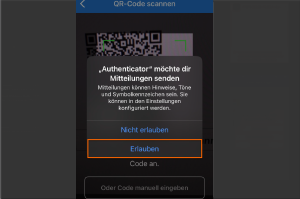 Screenshot einer Push-Benachrichtigung, die zur Zustimmung für Mitteilungen der Authenticator-App auffordert. Die Schaltfläche "Optionen erlauben" ist hervorgehoben.