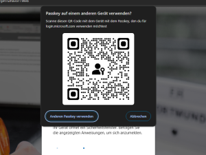 Microsoft Fenster mit Hinweis "Scanne diesen QR-Code mit dem Gerät mit dem Passkey, den du für login.microsoft.com verwenden möchtest.