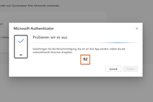 Screenshot eines Modals: Einrichtung der Authenticator-App. Anleitung zur Überprüfung der Push-Benachrichtigung durch Eingabe einer Nummer.