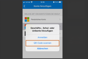 Ein Bildschirmfoto der Microsoft Authenticator-App. Drei Schaltflächen sind sichtbar: Anmelden, QR-Code scannen und Abbrechen. Der Fokus liegt auf der Schaltfläche "QR-Code scannen", die hervorgehoben ist und als Aktion ausgewählt werden soll.