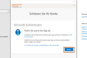 Ein Pop-up-Fenster fordert zur Installation der Microsoft Authenticator-App auf. Es besteht auch die Möglichkeit, eine alternative Authentifikator-App zu wählen. Um fortzufahren, muss die App auf dem Smartphone eingerichtet und der blaue "Weiter"-Button gedrückt werden.