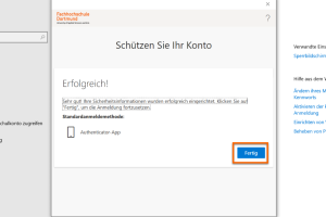 Screenshot zeigt eine Erfolgsmeldung zur Einrichtung der Microsoft Authenticator-App. Klicken Sie auf "Fertig" um den Vorgang abzuschließen.