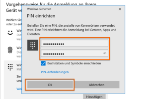 Pop-Up-Fenster von Windows-Sicherheit mit Hinweis "Erstellen Sie eine PIN, die anstelle von Kennwörtern verwendet wird. Eine PIN erleichtert die Anmeldung, bei Geräten, Apps und Diensten.