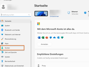Bildschirm zeigt die Windows-Einstellungen mit einem hervorgehobenen Menüpunkt "Konten".
