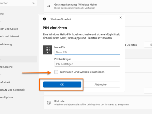 Pop-Up-Fenster von Windows-Sicherheit mit Hinweis "Erstellen Sie eine PIN, die anstelle von Kennwörtern verwendet wird. Eine PIN erleichtert die Anmeldung, bei Geräten, Apps und Diensten.
