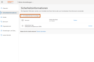 Sie befinden sich nun in Ihrem Microsoft-Konto in den Sicherheitsinformationen. Klicken Sie auf "Anmeldemethode hinzufügen".
