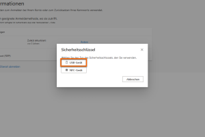 Anmeldemethode hinzufügen Klicken Sie im nächsten Fenster auf USB-Gerät. Falls Ihr Endgerät NFC mit dem Yubikey unterstützt, können Sie auch NFC-Gerät auswählen.