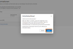 Anmeldemethode hinzufügen Lesen Sie das folgende Fenster aufmerksam durch. Halten Sie Ihren Yubikey bereit und stecken Sie ihn per USB in Ihr Endgerät. Prüfen Sie vorher, ob Ihr Endgerät über den richtigen USB-Anschluss verfügt. Klicken Sie im nächsten Fenster auf "Weiter".