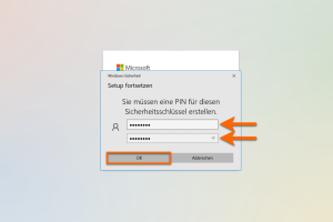Yubikey PIN setzten Im folgenden Fenster müssen Sie bei der Ersteinrichtung eine PIN für den Yubikey auswählen. Wir empfehlen eine PIN mit einer Länge von sechs bis acht Zeichen. Wiederholen Sie Ihre PIN und bestätigen Sie mit "OK". Hinweis: Dieses Fenster kann je nach Betriebssystem und Webbrowser unterschiedlich aussehen.