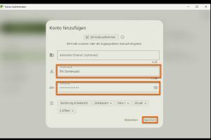 Sie haben die Möglichkeit ein Anbieter/Dienst (optional), einen Kontonamen und einen Schlüssel einzugeben. Geben Sie beispielsweise FH Dortmund als Kontonamen ein. Den Schlüssel bekommen Sie in den nächsten Schritten.