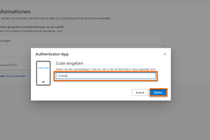 Geben Sie die sechs angezeigten Ziffern aus der Yubico-Authenticator-App ein. Bestätigen Sie mit Weiter.