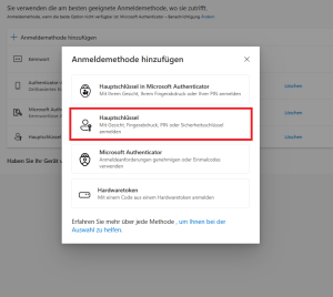 "Anmeldemethode hinzufügen" Fenster ist geöffnet mit einem Menü aus vier Optionen. Klicken Sie auf die markierte Option "Hauptschlüssel".