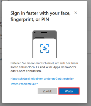 Klicken Sie im Fenster "Sign in faster with your face, fingerprint, or PIN" auf den Button weiter.